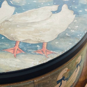 1980's Vintage Geese Large Tin Canister Sewing Box, Trinket Box, Home Decor 9.5 Diameter image 5