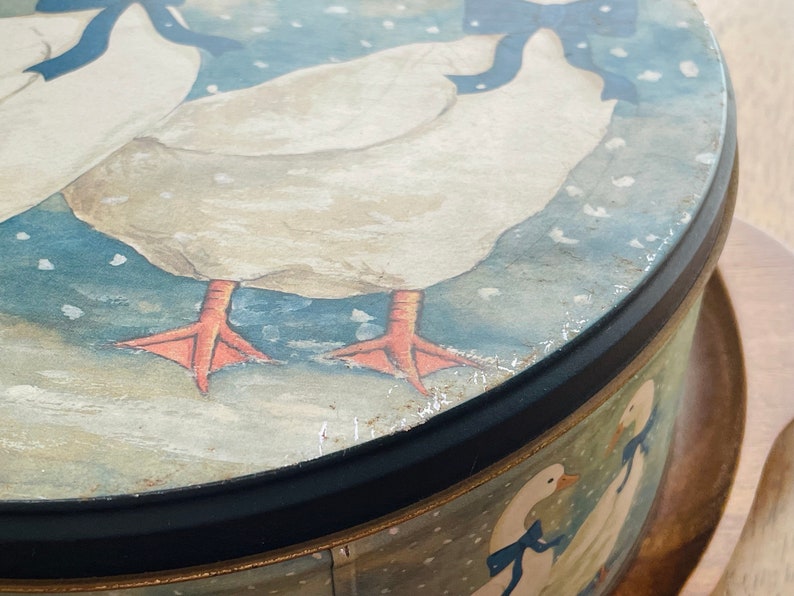1980's Vintage Geese Large Tin Canister Sewing Box, Trinket Box, Home Decor 9.5 Diameter image 5