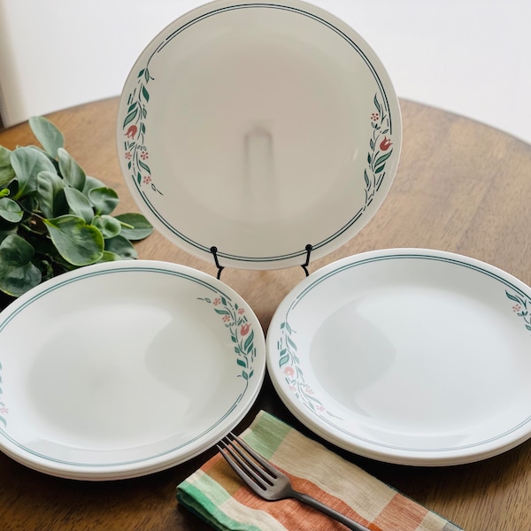 Corelle Rosemarie Dinner Plates 10 1/4" Pink Tulips Teal Green Leaves Set of 8