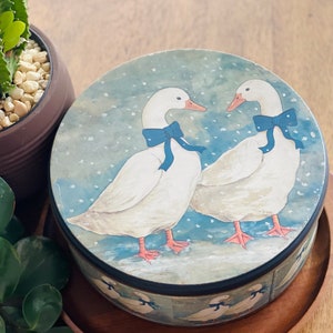 1980's Vintage Geese Large Tin Canister Sewing Box, Trinket Box, Home Decor 9.5 Diameter image 1