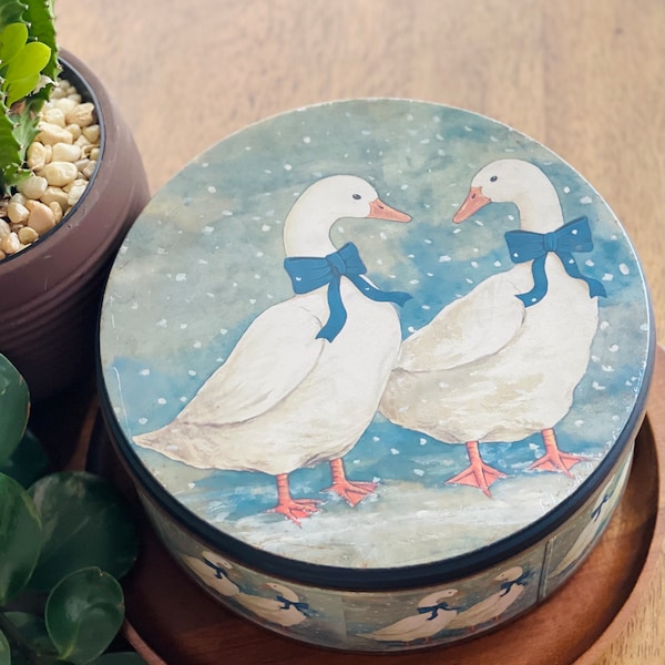 1980's Vintage Geese Large Tin Canister Sewing Box, Trinket Box, Home Decor 9.5" Diameter