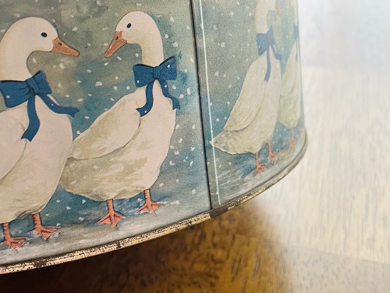 1980's Vintage Geese Large Tin Canister Sewing Box, Trinket Box, Home Decor 9.5 Diameter image 7