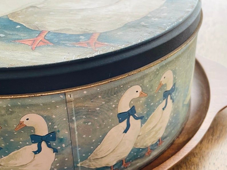 1980's Vintage Geese Large Tin Canister Sewing Box, Trinket Box, Home Decor 9.5 Diameter image 4