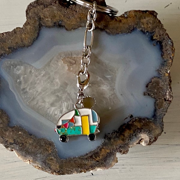 enamel camper key chain - key ring - one-of-a-kind - handmade - colorful - travel - wanderlust - camping - adventure