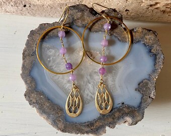 purple/lavender jade & brass earrings - handmade - one-of-a-kind - bohemian - lightweight - statement jewelry - natural gemstone