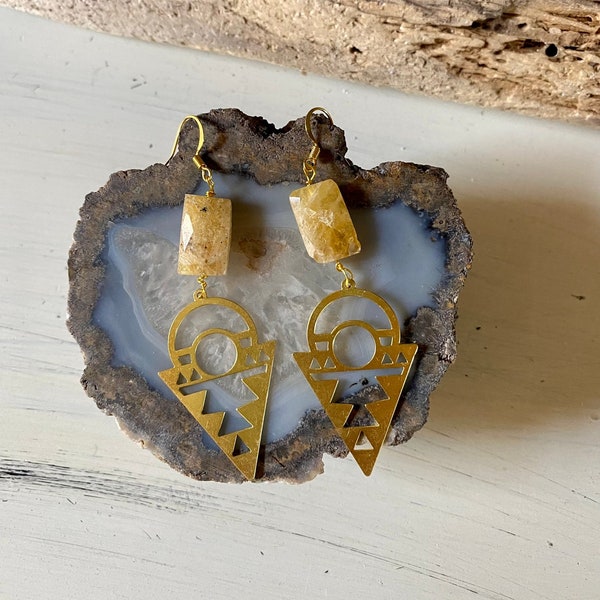 heliodor & brass southwestern earrings - handmade - one-of-a-kind - bohemian - modern - Aztec - geometric - natural gemstone - goddess - sun