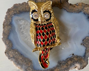 1990s vintage brass owl brooch with rhinestone eyes & harlequin diamond pattern - vintage brooch - retro - animal - wise - 1990s jewelry