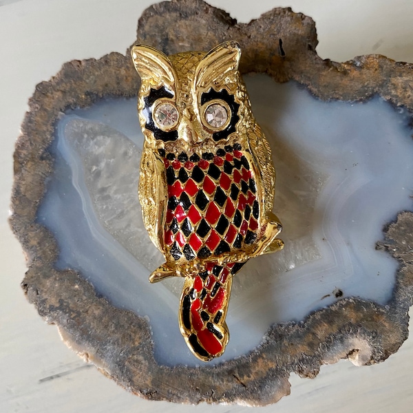 1990s vintage brass owl brooch with rhinestone eyes & harlequin diamond pattern - vintage brooch - retro - animal - wise - 1990s jewelry