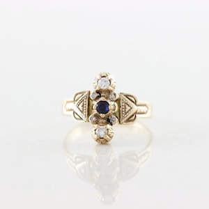 14k yellow gold, blue sapphire, and diamond antique Victorian ring, size 6.75