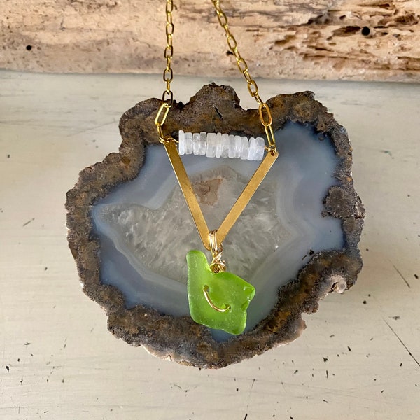 green Lake Michigan beach glass & moonstone necklace - handmade - one-of-a-kind - genuine Great Lakes beach glass - beach jewelry - bohemian