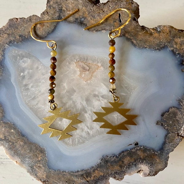 pietersite & brass geometric earrings - one-of-a-kind - handmade - Aztec - tribal - bohemian - natural gemstone - lightweight - neutral