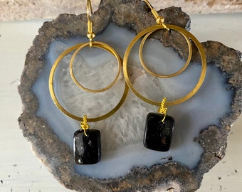 nuummite & brass geometric earrings - handmade - one-of-a-kind - bohemian - natural gemstone - modern - neutral - goddess - Greenland