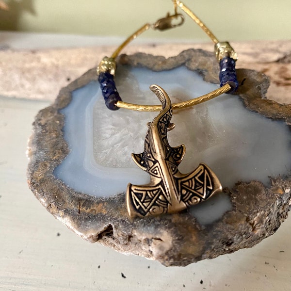 Maori hammerhead shark & sapphire bracelet - one-of-a-kind - handmade - bohemian - semi-precious natural gemstone - September birthstone