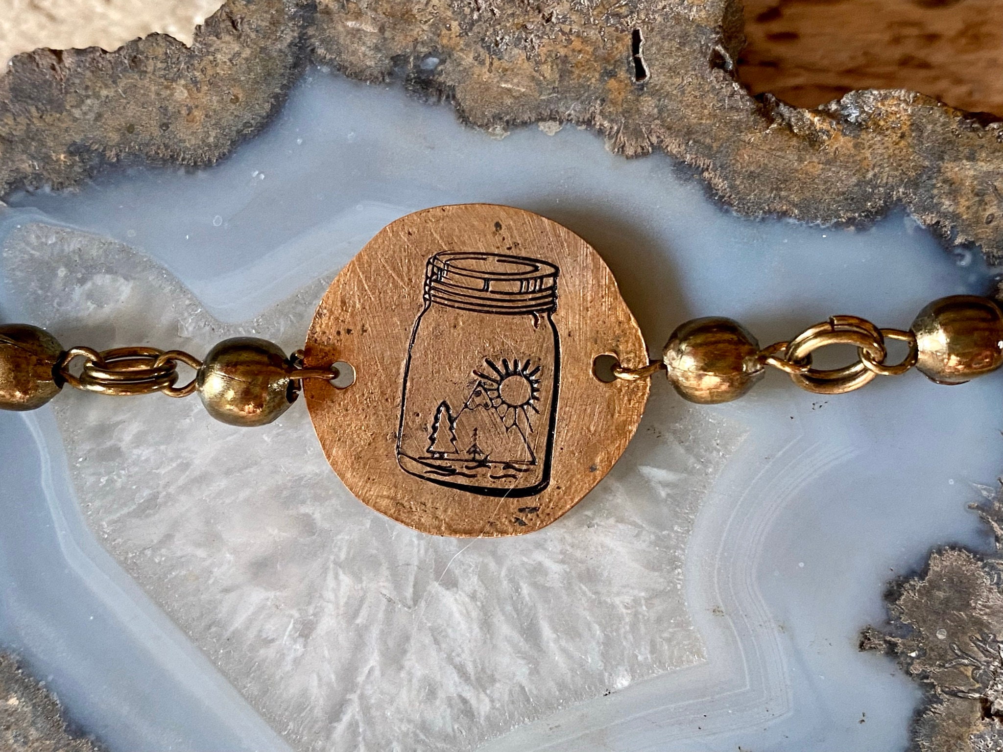 Copper Stamped Mason Jar Bracelet With Antique Brass Chain Etsy Australia