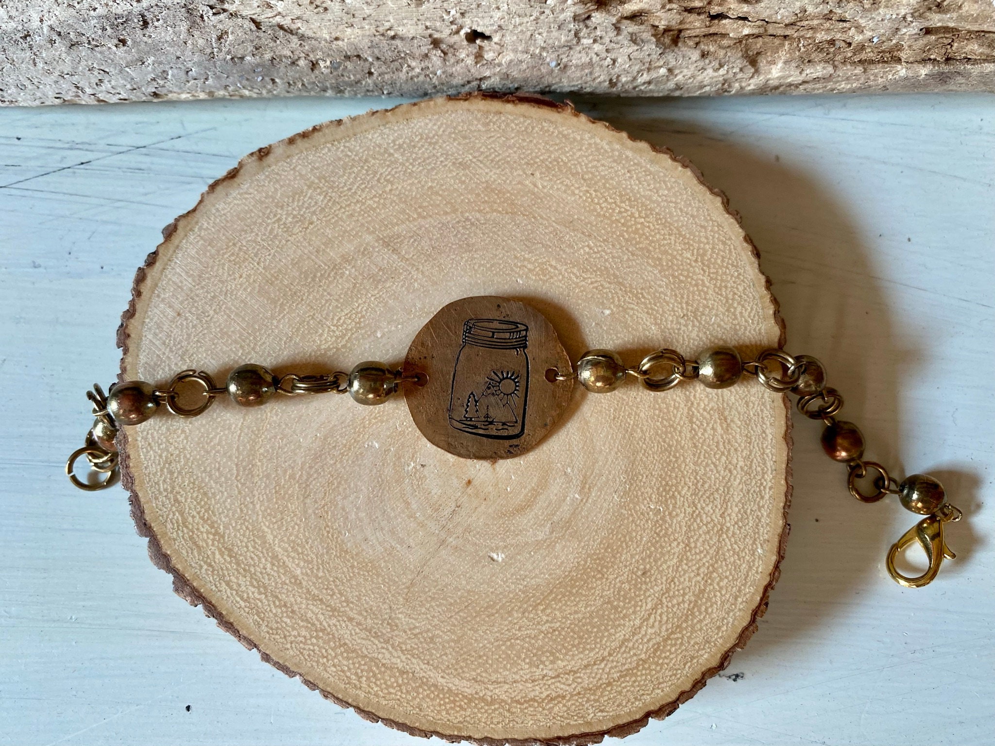 Copper Stamped Mason Jar Bracelet With Antique Brass Chain Etsy Australia
