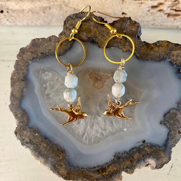 hemimorphite & brass swallow earrings - one-of-a-kind - handmade - bohemian - bird - sparrow - Sailor Jerry - nautical - lightweight