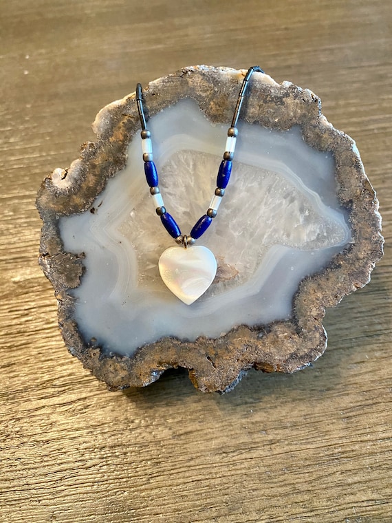 1970s vintage shell heart necklace with blue and g