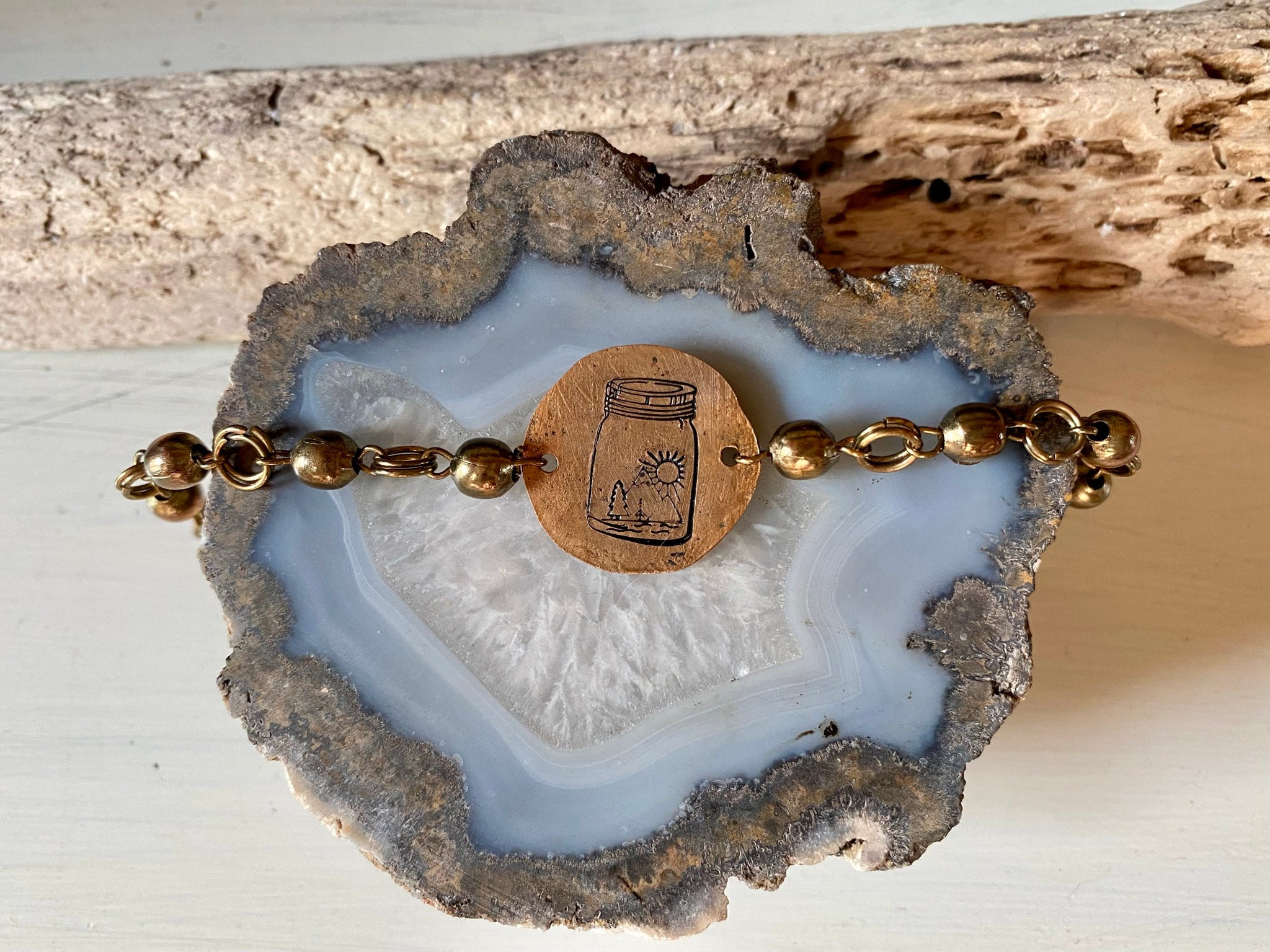 Copper Stamped Mason Jar Bracelet With Antique Brass Chain Etsy Australia