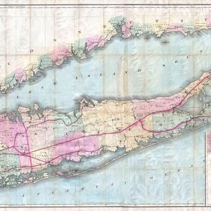May include: An antique map of Long Island, New York, showing detailed borders and roads. The map is printed on paper with a light blue background and includes a smaller inset map of Brooklyn.