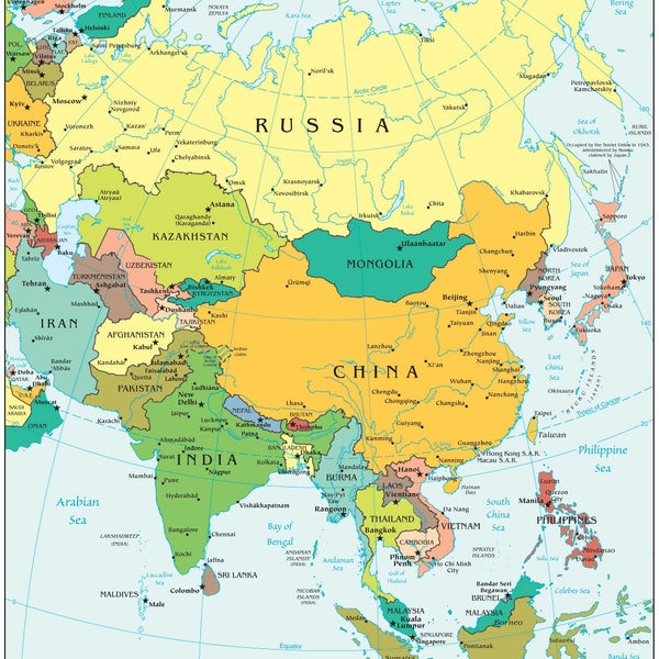 Asia Map - Political - Peel & Stick Removable Wall Decal
