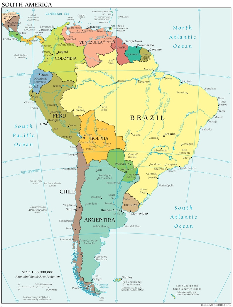 May include: A political map of South America with country borders and major cities labeled. The map uses a variety of colors to distinguish the different countries. The map also includes a scale bar and a compass rose.