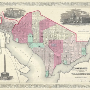 Kaart van Washington D.C., 1866 - Peel & Stick verwisselbare muur sticker