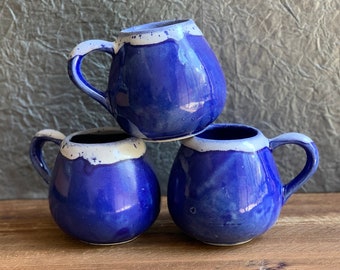 Tiny Ceramic Tea Cup Handmade Small Coffee Mug Dark Blue Glaze with 'Milk Froth' Rim
