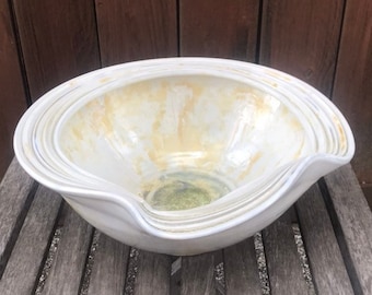 Ceramic Bowl Crystalline Glazed White Gold Crystals Green Glass