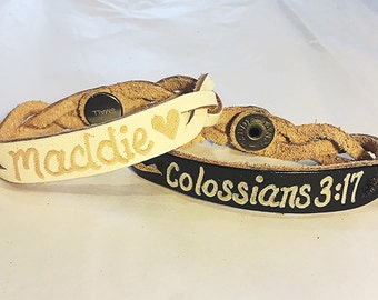 Engraved Couples Braided Bracelets - His and Hers Jewelry - Custom engraved leather name bracelets - Religious custom engraved name bracelet