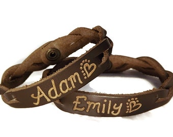 Engraved Couples Braided Bracelets - His and Hers Jewelry - Custom engraved leather name bracelets
