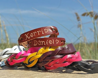 Engraved Couples Braided Bracelets - His and Hers Jewelry - Custom engraved leather name bracelets - Personalize leather engraved bracelet