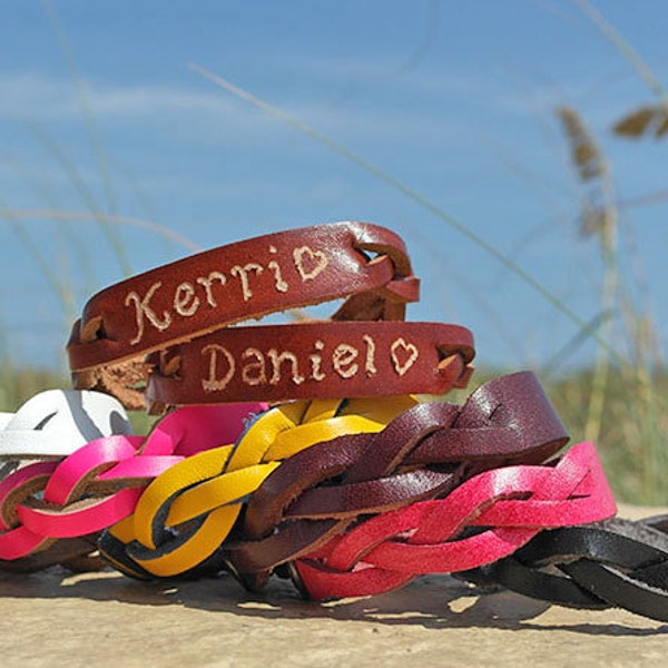 Engraved Couples Braided Bracelets - His and Hers Jewelry - Custom engraved leather name bracelets - Personalize leather engraved bracelet