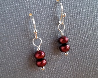 Small Maroon Fresh Water Pearl Earrings, Dangle Earrings, Gemstone Earring, Birthstone Jewelry