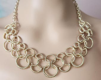 Gold Tone Interlocking Circle Link Necklace Statement Bib Design