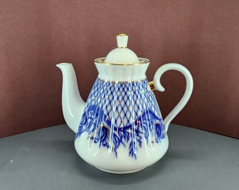 Vintage Nantucket Ceramic Teapot Blue & White Gold Foral Pattern, Grandma Cottage Core Gift, Best Retro Gift to a Collector