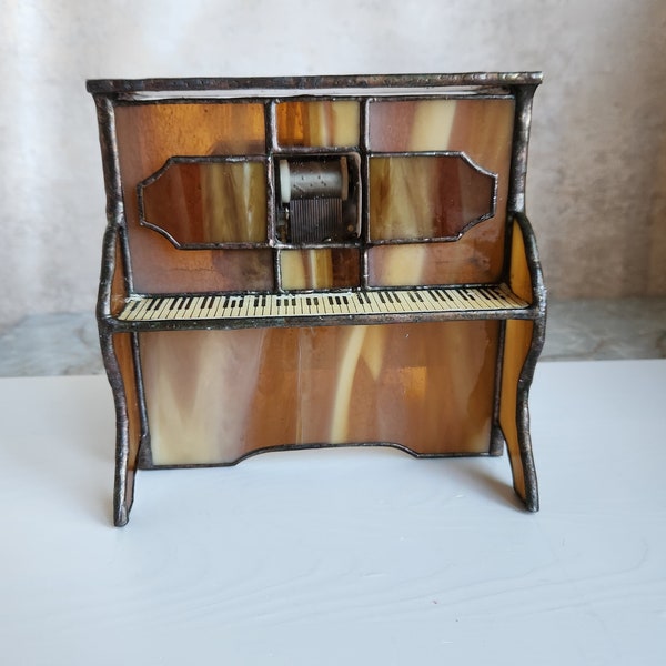 Stained Glass Musical Piano Brown  6 Inch Vintage Music Box Lara's Theme