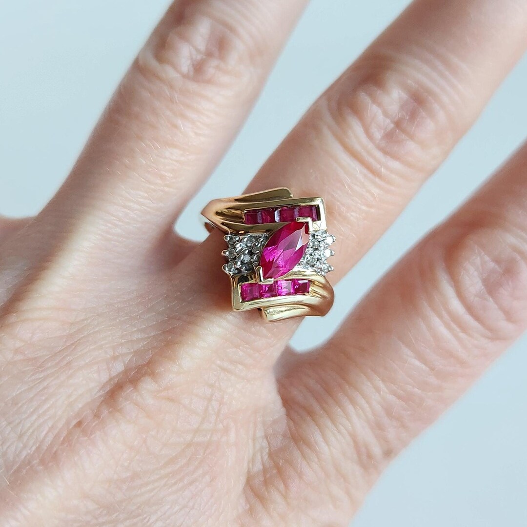 Vintage 10k Yellow Gold Marquise Ruby & Diamond Ring Size 7 3.9g, 1980s ...