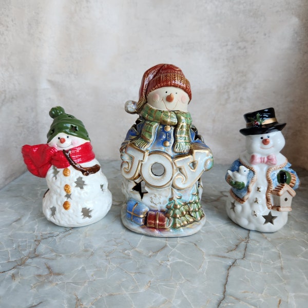 Lot Of 3 Snowmen Tea Light Holders Vintage Ceramics in a Box Grannycore Retro Valentine’s Day Gift to a Collector