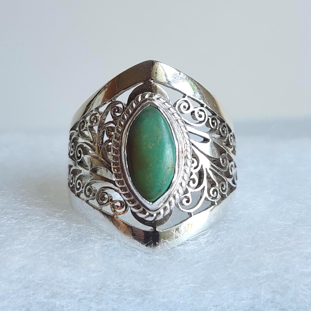 Vintage Sterling Silver Turquoise Filigree Ring Size 9 Statement Ring ...