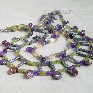 Multi Strand Gemstone Statement Necklace: Amethyst, Citrine, Peridot & Pearl