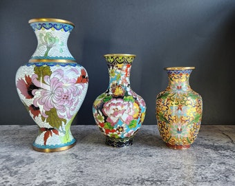 Lot Of 3 Cloisonne Vases 8" 6" 5" Enamel on Brass Floral Vintage Multi Color