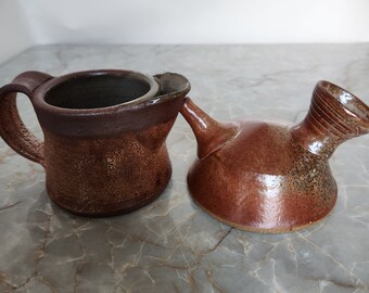 Vintage Ceramic Set Teapot Creamer Handmade Glaze Drip