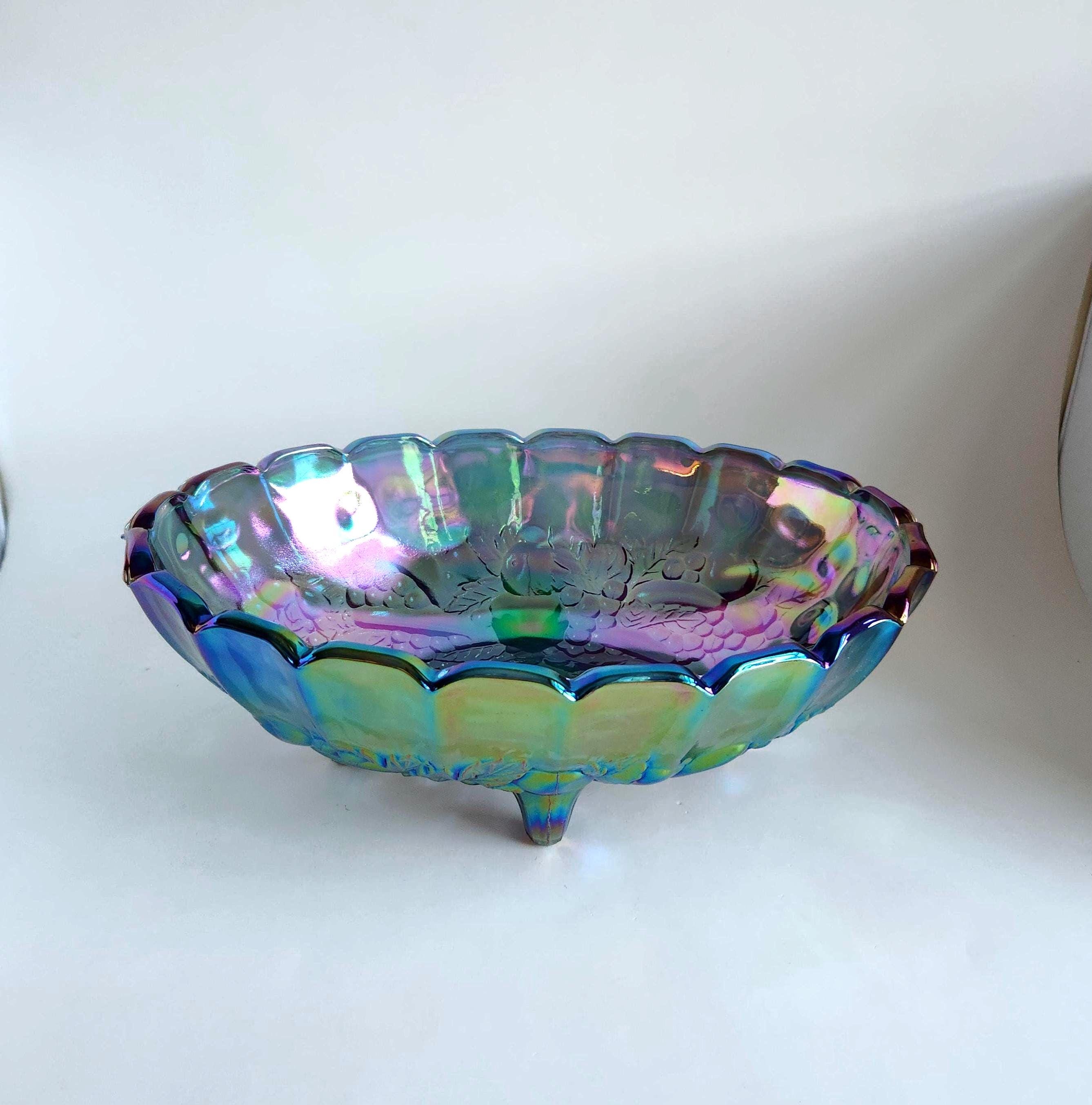 Charming Vintage 70's Carnival Glass Bowl - Iridescent Blue Footed