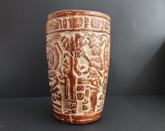 Antique Aztec Mayan 8.5" Cylinder Vase, Clay Pottery Vase