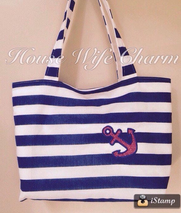 Navy and white strip patriotic tote with anchor applique | Etsy