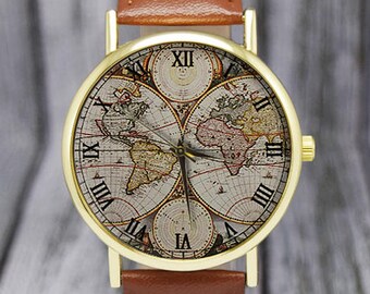 Vintage World Map Watch | Retro | Classic Style | Leather Watch | Ladies Watch | Men's Watch | Birthday | Wedding | Gift Ideas | Travel Gift
