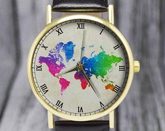 Colorful World Map Watch | Travel Gift | Cartography | Leather Watch | Ladies Watch | Men's Watch | Birthday | Gift Ideas | Accessories