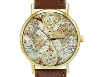 Montre antique de carte du monde | Cartographie | Cadeau de voyage | Montre femme | Montre pour hommes | Cadeau d'anniversaire | Idées cadeaux | Bijoux | Accessoires