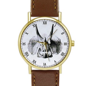 Dinosaur Watch | Triceratops Skull | Vintage Style Leather Watch | Mens Watch | Birthday | Wedding | Gift Ideas | Fashion Accessories