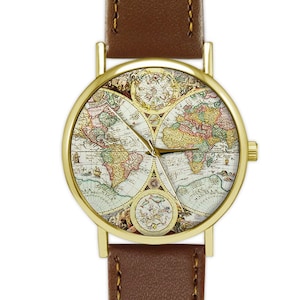 Montre carte du monde antique | Cartographie | Cadeau de voyage | Montre femme | Montre homme | Cadeau d'anniversaire | Idées cadeaux | Bijoux | Accessoires